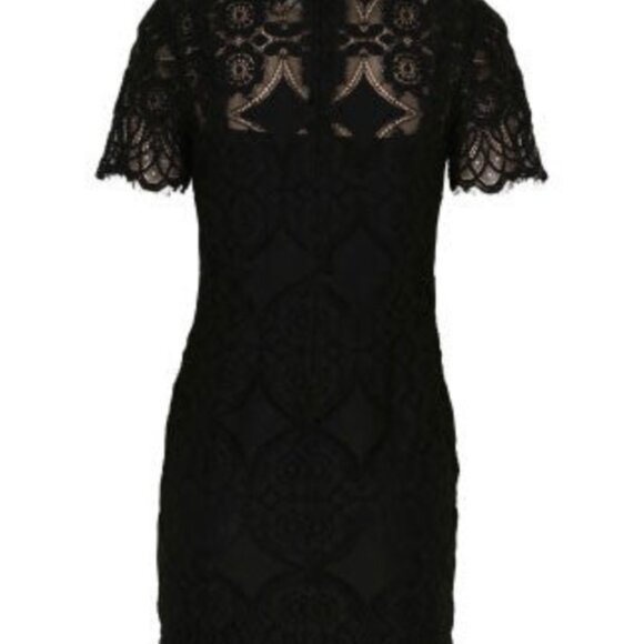 black mini dress bows Black Sheer Lace Cowl Neck Two Piece Long Sleeves Mini Dress | Dresses